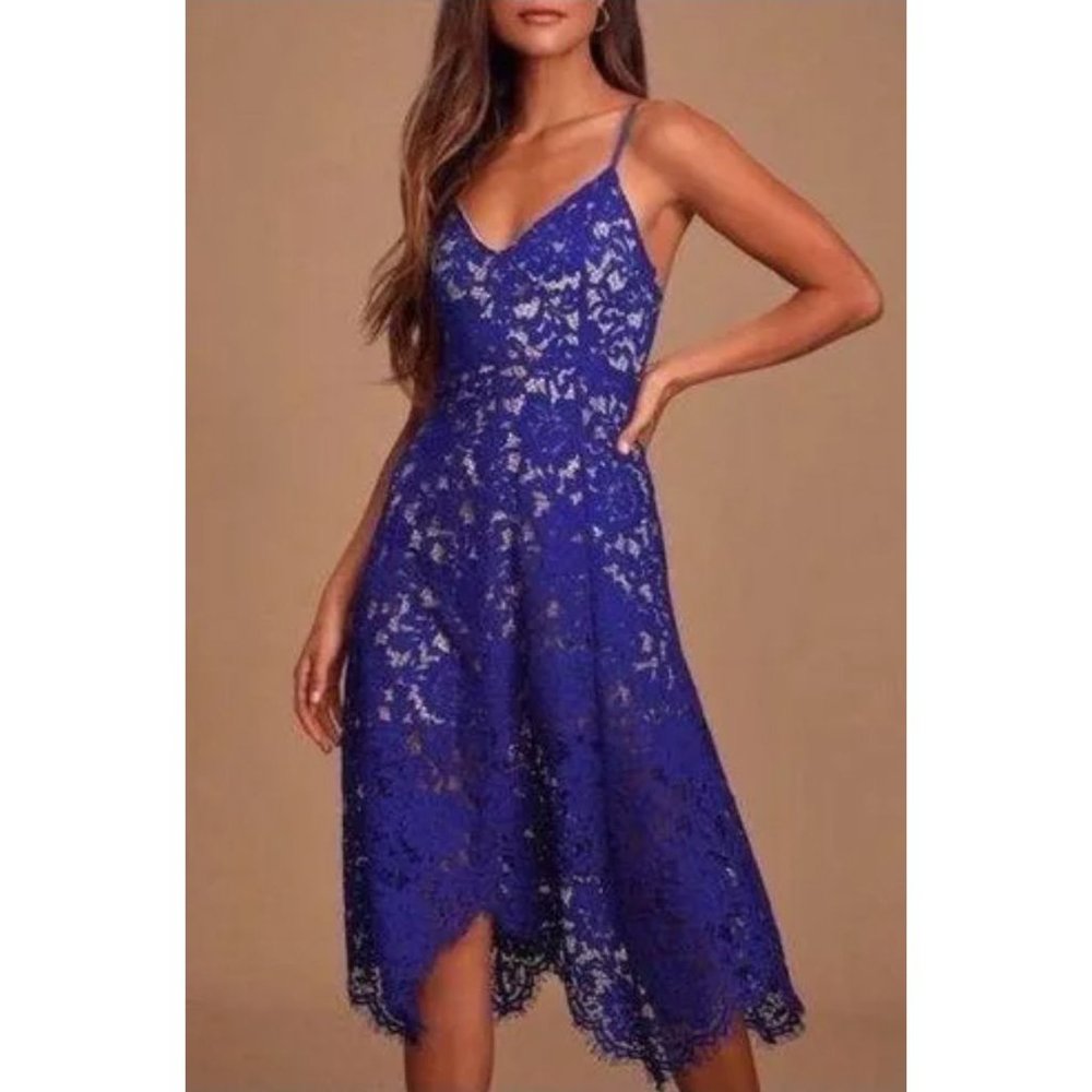 Lulu's One Wish Royal Blue Lace Midi Dress, Small